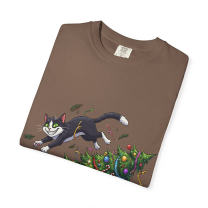 Feline Festive Frenzy: Christmas Tree Chaos, Whimsical Holiday Cartoon Illustration T-shirt – Custom T-Shirt by PixelCraft360, unique decoration for events and special gifts