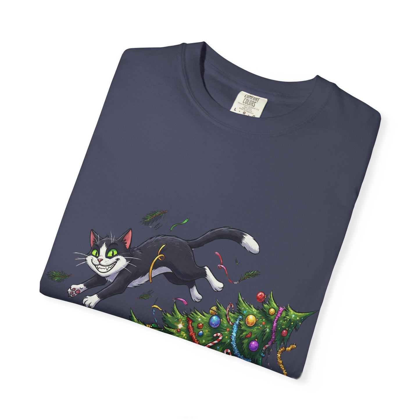 Feline Festive Frenzy: Christmas Tree Chaos, Whimsical Holiday Cartoon Illustration T-shirt – Custom T-Shirt by PixelCraft360, unique decoration for events and special gifts