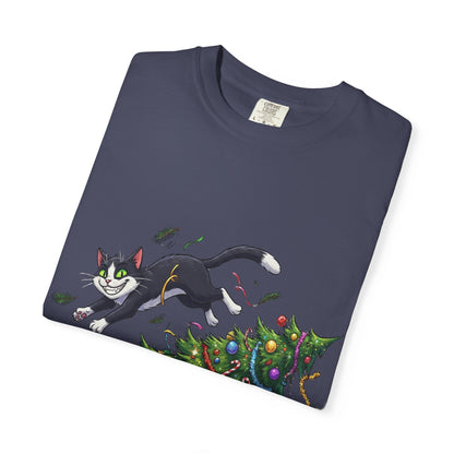 Feline Festive Frenzy: Christmas Tree Chaos, Whimsical Holiday Cartoon Illustration T-shirt – Custom T-Shirt by PixelCraft360, unique decoration for events and special gifts