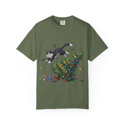 Feline Festive Frenzy: Christmas Tree Chaos, Whimsical Holiday Cartoon Illustration T-shirt – Custom T-Shirt by PixelCraft360, unique decoration for events and special gifts