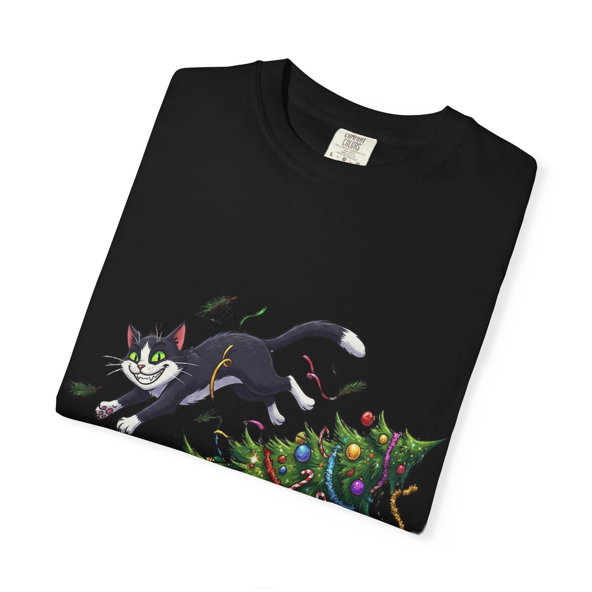 Feline Festive Frenzy: Christmas Tree Chaos, Whimsical Holiday Cartoon Illustration T-shirt – Custom T-Shirt by PixelCraft360, unique decoration for events and special gifts
