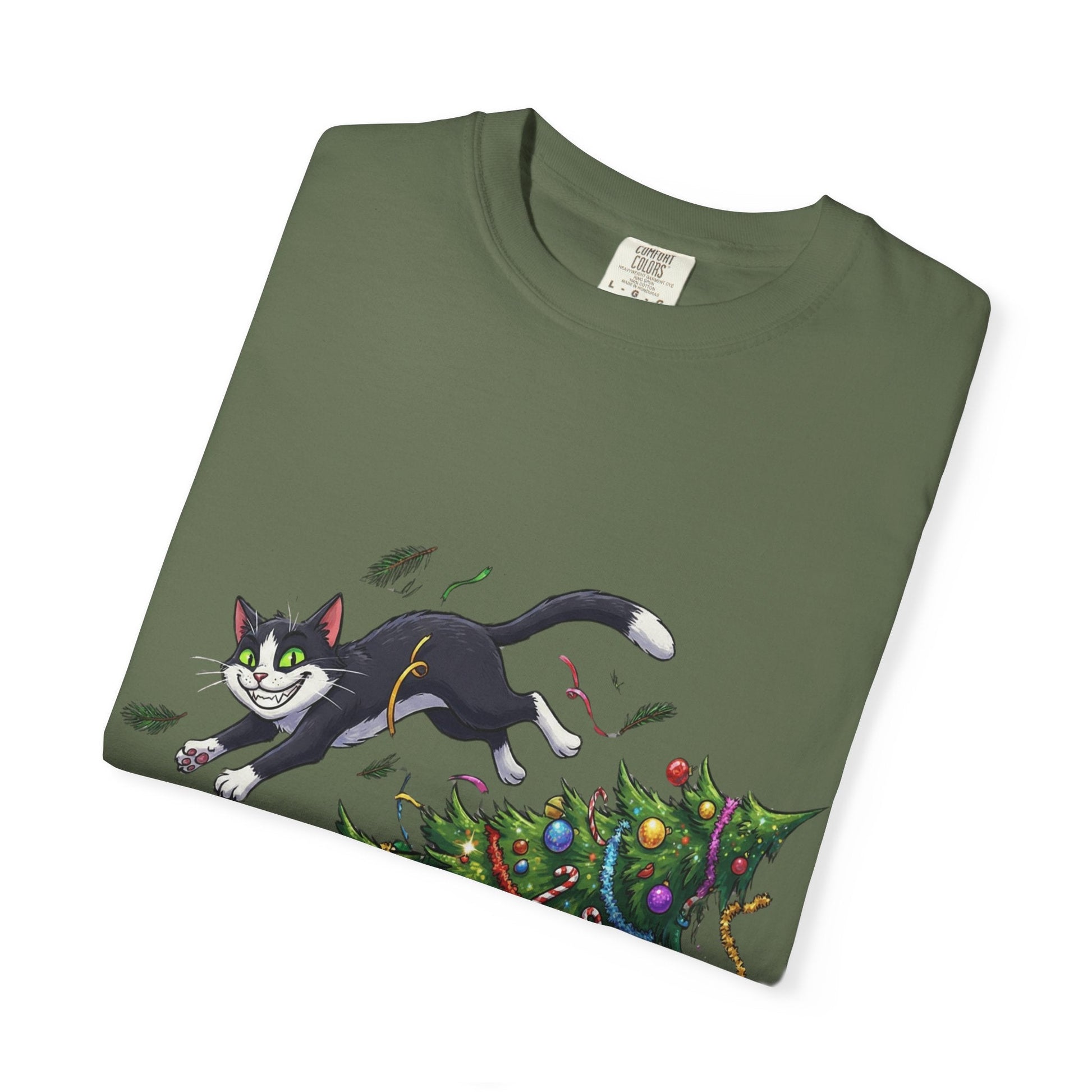 Feline Festive Frenzy: Christmas Tree Chaos, Whimsical Holiday Cartoon Illustration T-shirt – Custom T-Shirt by PixelCraft360, unique decoration for events and special gifts