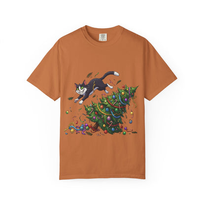 Feline Festive Frenzy: Christmas Tree Chaos, Whimsical Holiday Cartoon Illustration T-shirt – Custom T-Shirt by PixelCraft360, unique decoration for events and special gifts