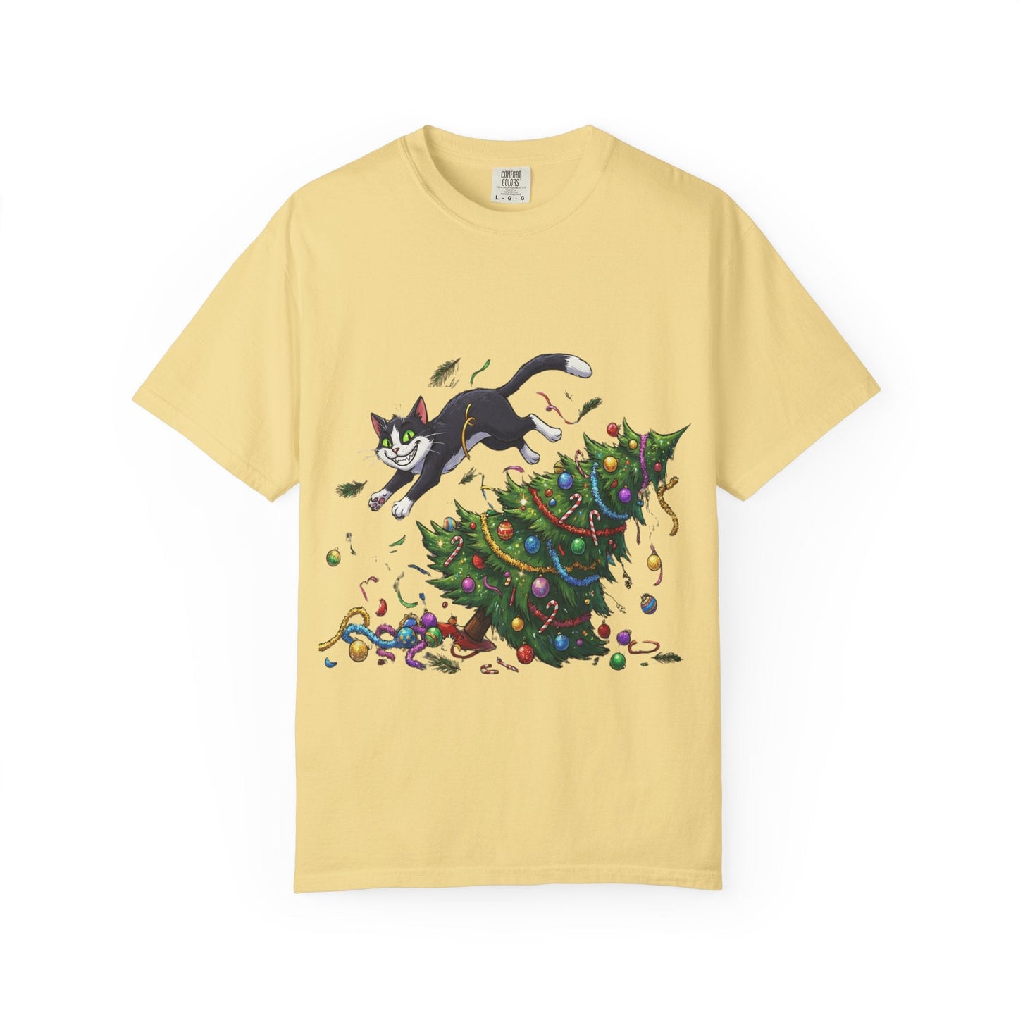 Feline Festive Frenzy: Christmas Tree Chaos, Whimsical Holiday Cartoon Illustration T-shirt – Custom T-Shirt by PixelCraft360, unique decoration for events and special gifts