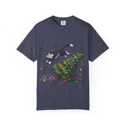 Feline Festive Frenzy: Christmas Tree Chaos, Whimsical Holiday Cartoon Illustration T-shirt – Custom T-Shirt by PixelCraft360, unique decoration for events and special gifts