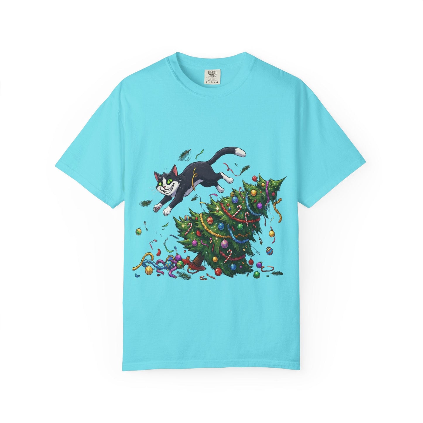 Feline Festive Frenzy: Christmas Tree Chaos, Whimsical Holiday Cartoon Illustration T-shirt – Custom T-Shirt by PixelCraft360, unique decoration for events and special gifts