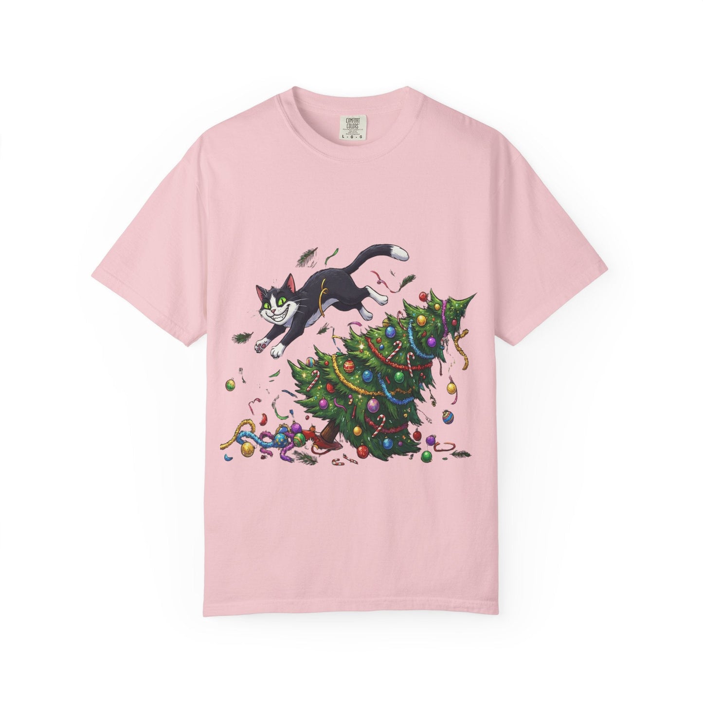 Feline Festive Frenzy: Christmas Tree Chaos, Whimsical Holiday Cartoon Illustration T-shirt – Custom T-Shirt by PixelCraft360, unique decoration for events and special gifts
