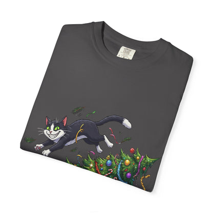 Feline Festive Frenzy: Christmas Tree Chaos, Whimsical Holiday Cartoon Illustration T-shirt – Custom T-Shirt by PixelCraft360, unique decoration for events and special gifts