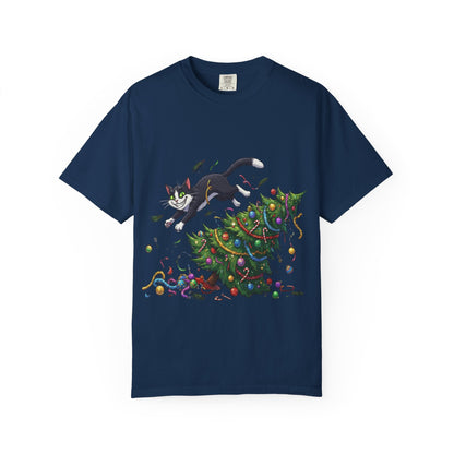 Feline Festive Frenzy: Christmas Tree Chaos, Whimsical Holiday Cartoon Illustration T-shirt – Custom T-Shirt by PixelCraft360, unique decoration for events and special gifts