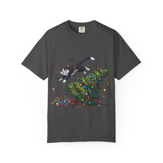 Feline Festive Frenzy: Christmas Tree Chaos, Whimsical Holiday Cartoon Illustration T-shirt – Custom T-Shirt by PixelCraft360, unique decoration for events and special gifts
