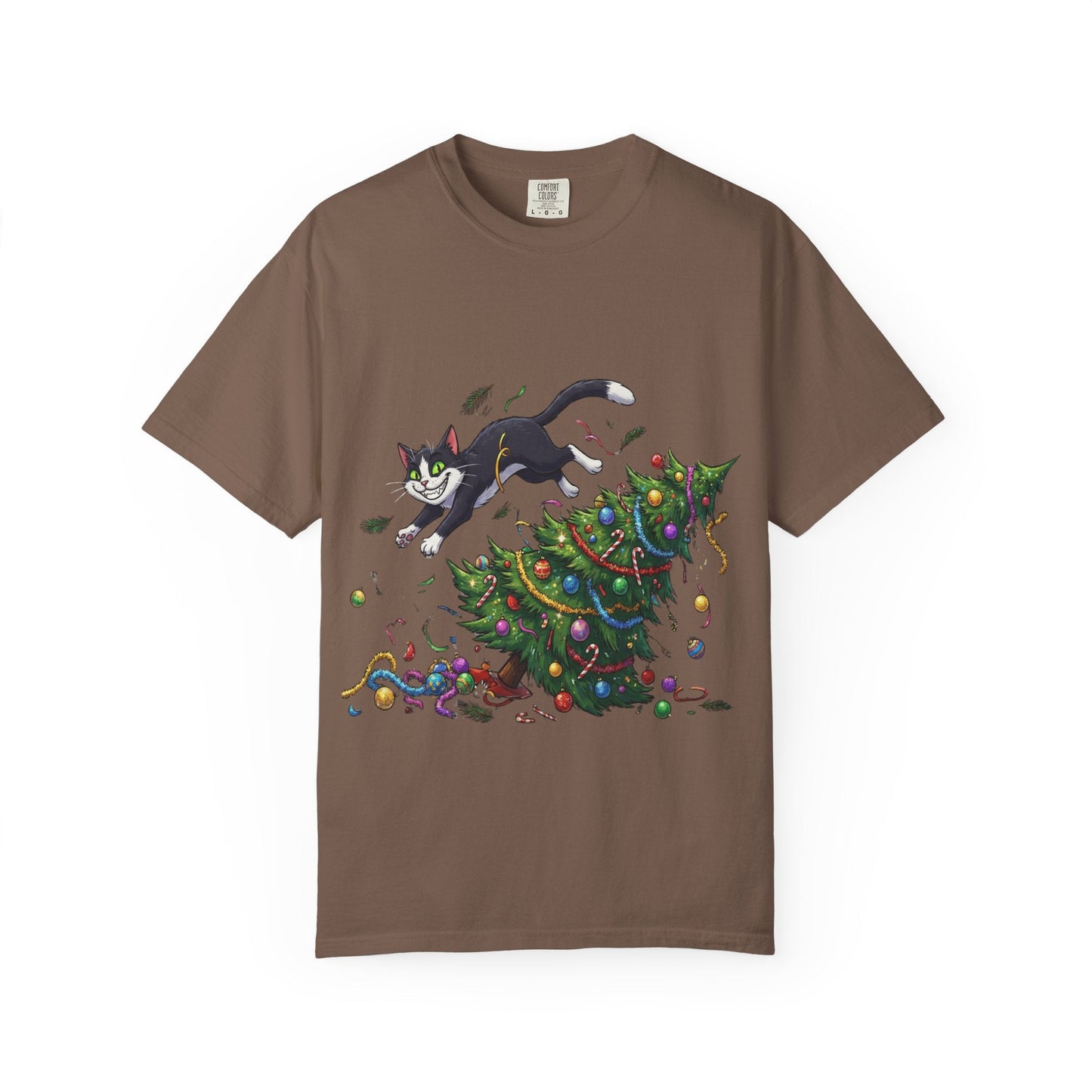 Feline Festive Frenzy: Christmas Tree Chaos, Whimsical Holiday Cartoon Illustration T-shirt – Custom T-Shirt by PixelCraft360, unique decoration for events and special gifts