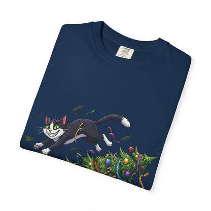 Feline Festive Frenzy: Christmas Tree Chaos, Whimsical Holiday Cartoon Illustration T-shirt – Custom T-Shirt by PixelCraft360, unique decoration for events and special gifts