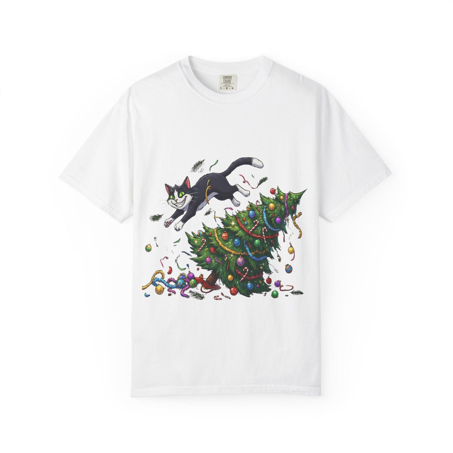 Feline Festive Frenzy: Christmas Tree Chaos, Whimsical Holiday Cartoon Illustration T-shirt – Custom T-Shirt by PixelCraft360, unique decoration for events and special gifts