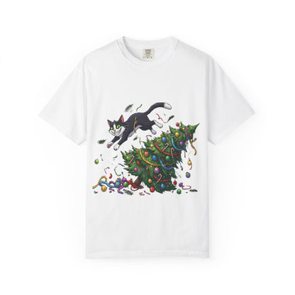 Feline Festive Frenzy: Christmas Tree Chaos, Whimsical Holiday Cartoon Illustration T-shirt – Custom T-Shirt by PixelCraft360, unique decoration for events and special gifts