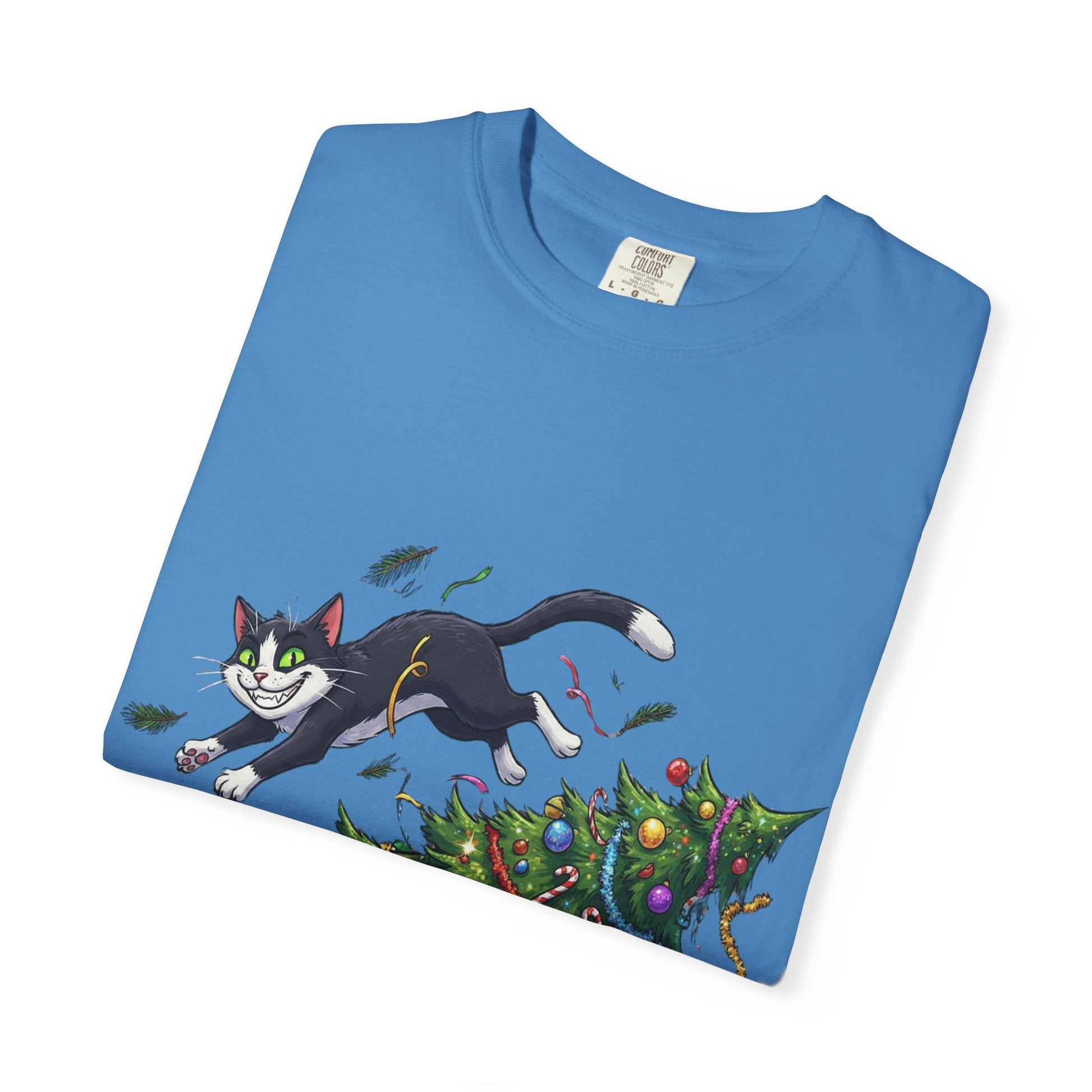 Feline Festive Frenzy: Christmas Tree Chaos, Whimsical Holiday Cartoon Illustration T-shirt – Custom T-Shirt by PixelCraft360, unique decoration for events and special gifts