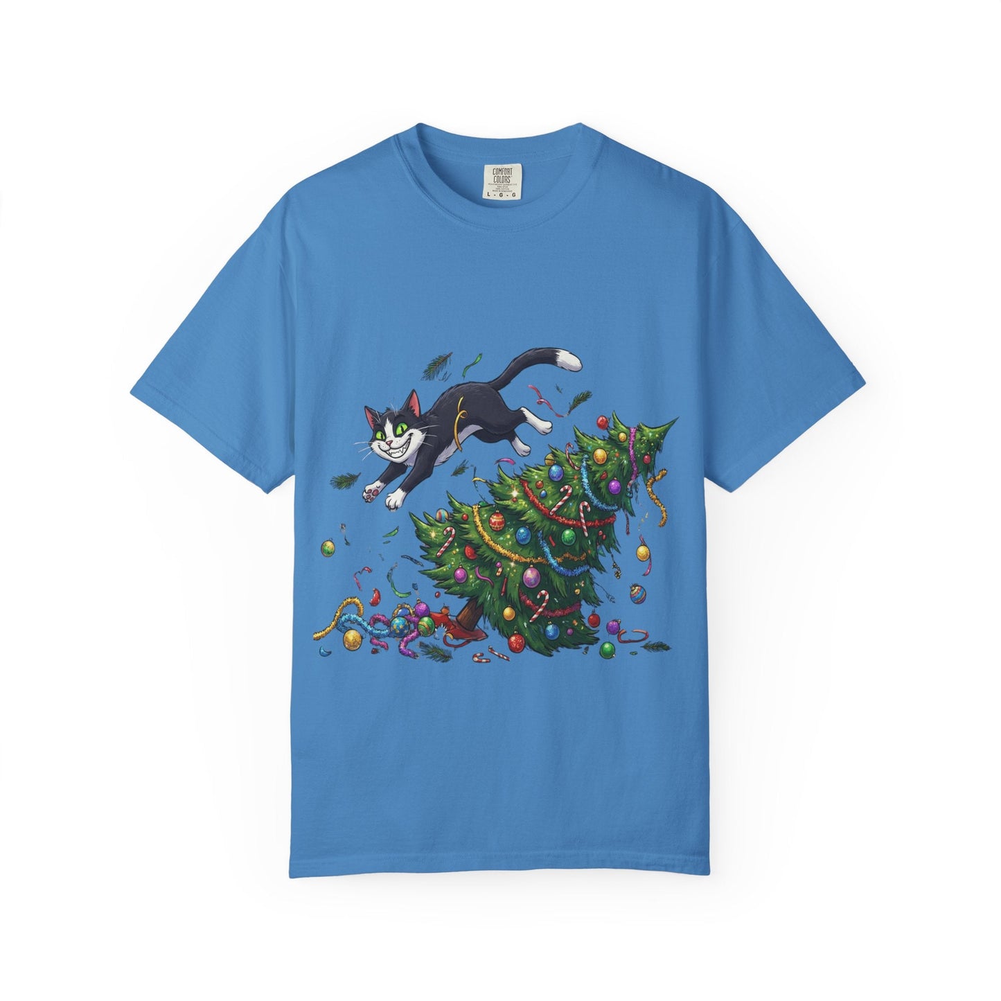 Feline Festive Frenzy: Christmas Tree Chaos, Whimsical Holiday Cartoon Illustration T-shirt – Custom T-Shirt by PixelCraft360, unique decoration for events and special gifts