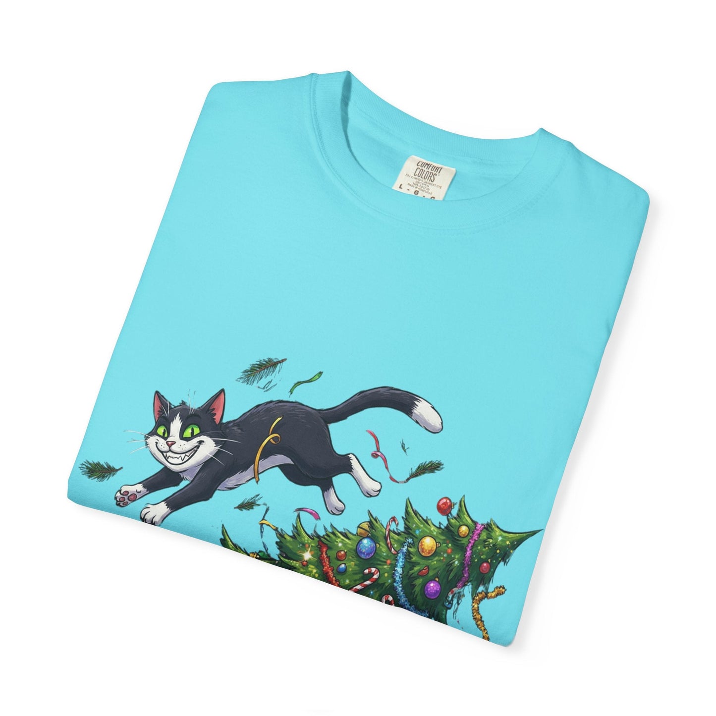 Feline Festive Frenzy: Christmas Tree Chaos, Whimsical Holiday Cartoon Illustration T-shirt – Custom T-Shirt by PixelCraft360, unique decoration for events and special gifts