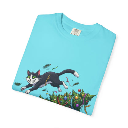 Feline Festive Frenzy: Christmas Tree Chaos, Whimsical Holiday Cartoon Illustration T-shirt – Custom T-Shirt by PixelCraft360, unique decoration for events and special gifts
