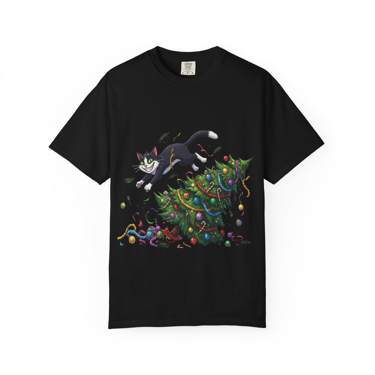 Feline Festive Frenzy: Christmas Tree Chaos, Whimsical Holiday Cartoon Illustration T-shirt – Custom T-Shirt by PixelCraft360, unique decoration for events and special gifts