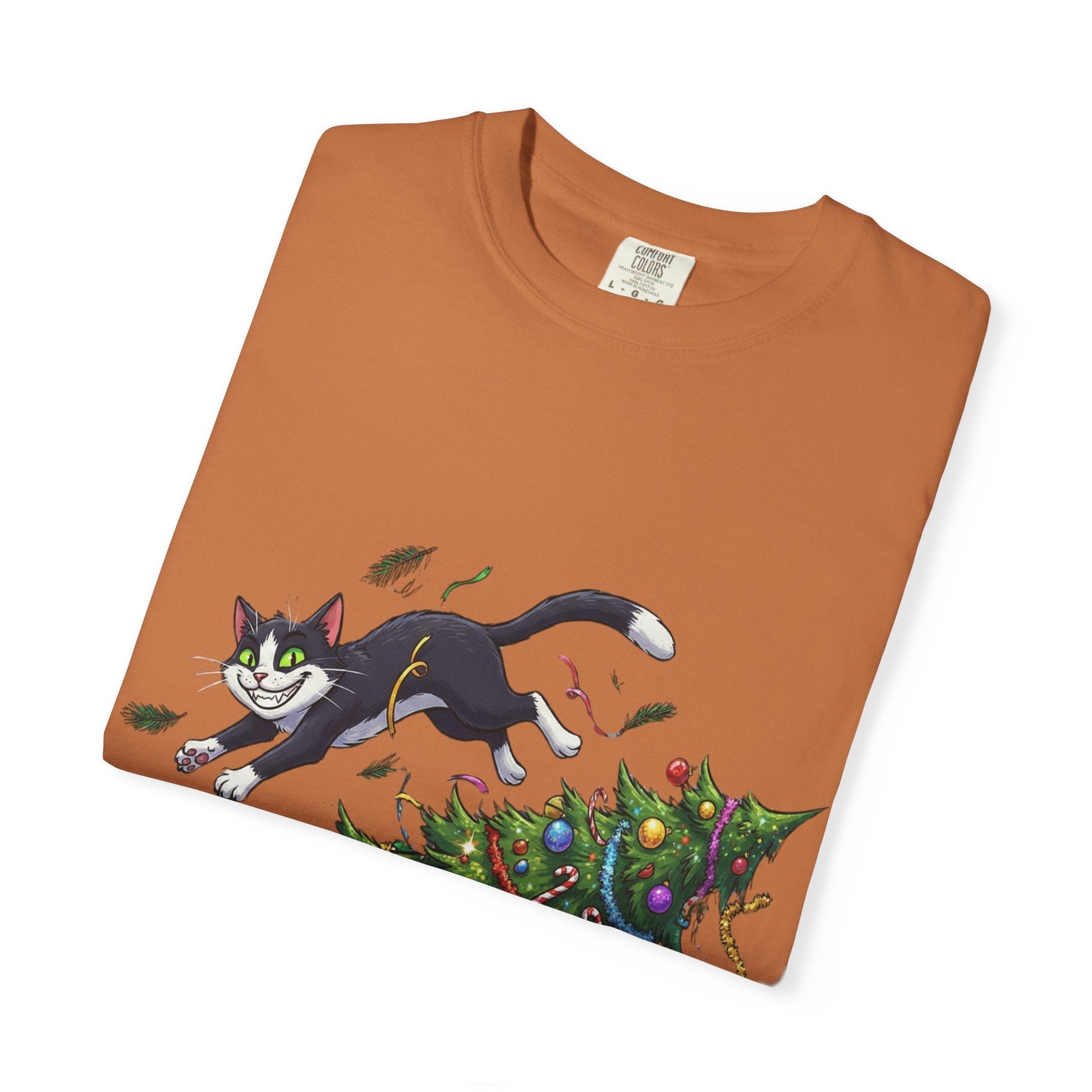 Feline Festive Frenzy: Christmas Tree Chaos, Whimsical Holiday Cartoon Illustration T-shirt – Custom T-Shirt by PixelCraft360, unique decoration for events and special gifts