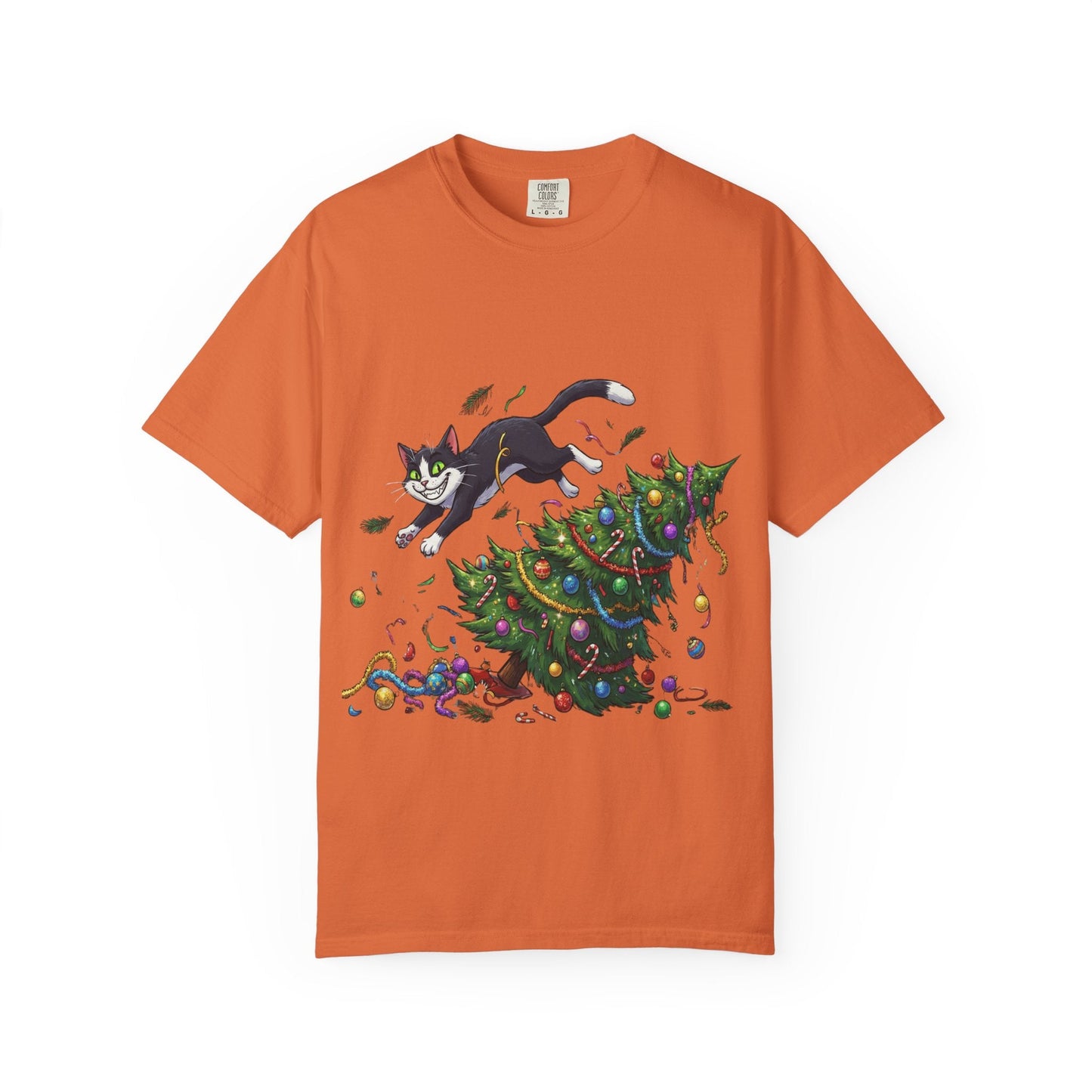 Feline Festive Frenzy: Christmas Tree Chaos, Whimsical Holiday Cartoon Illustration T-shirt – Custom T-Shirt by PixelCraft360, unique decoration for events and special gifts