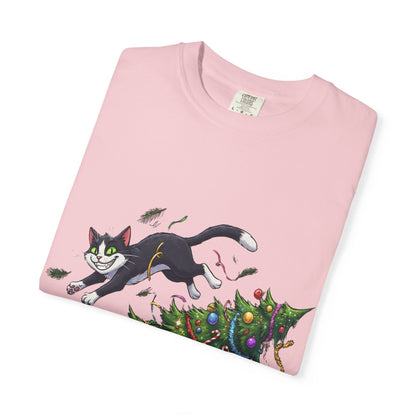 Feline Festive Frenzy: Christmas Tree Chaos, Whimsical Holiday Cartoon Illustration T-shirt – Custom T-Shirt by PixelCraft360, unique decoration for events and special gifts