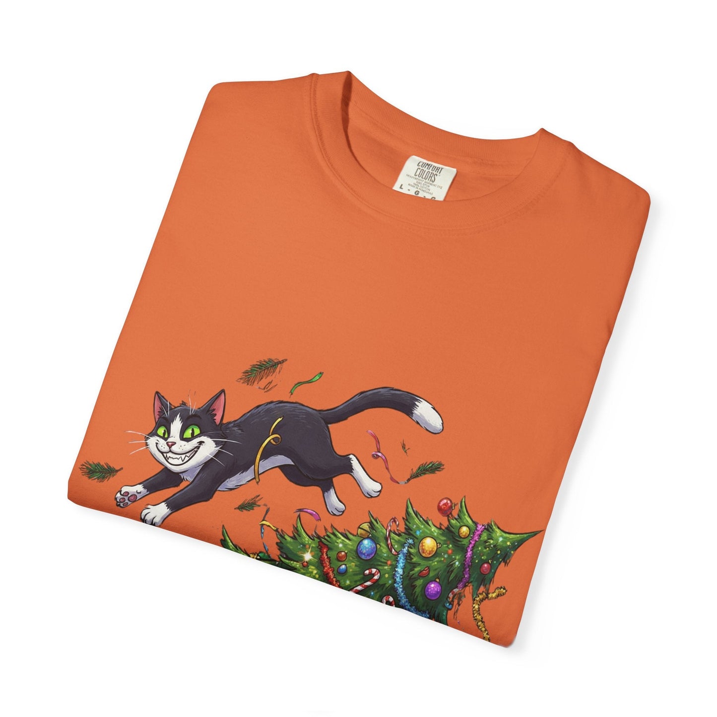 Feline Festive Frenzy: Christmas Tree Chaos, Whimsical Holiday Cartoon Illustration T-shirt – Custom T-Shirt by PixelCraft360, unique decoration for events and special gifts