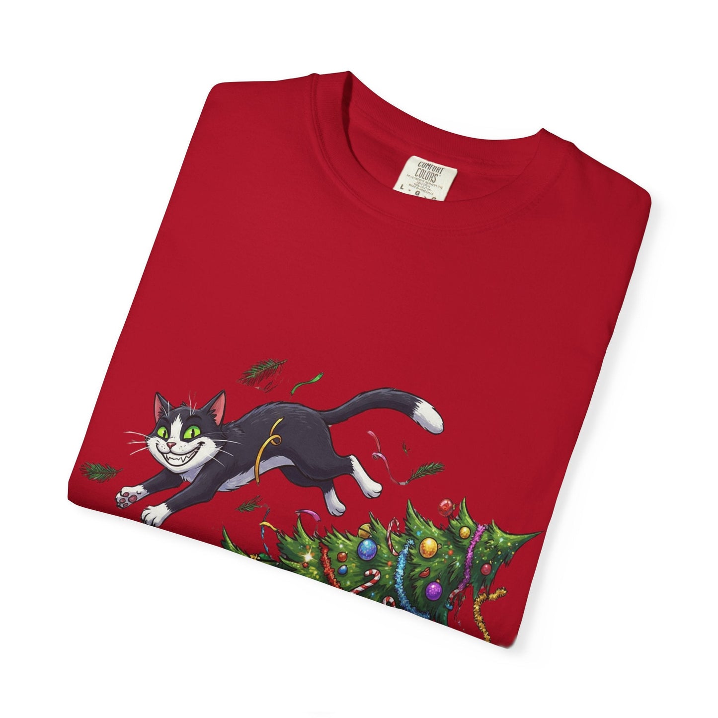 Feline Festive Frenzy: Christmas Tree Chaos, Whimsical Holiday Cartoon Illustration T-shirt – Custom T-Shirt by PixelCraft360, unique decoration for events and special gifts
