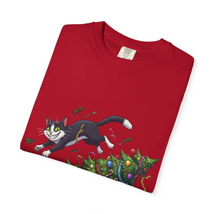 Feline Festive Frenzy: Christmas Tree Chaos, Whimsical Holiday Cartoon Illustration T-shirt – Custom T-Shirt by PixelCraft360, unique decoration for events and special gifts