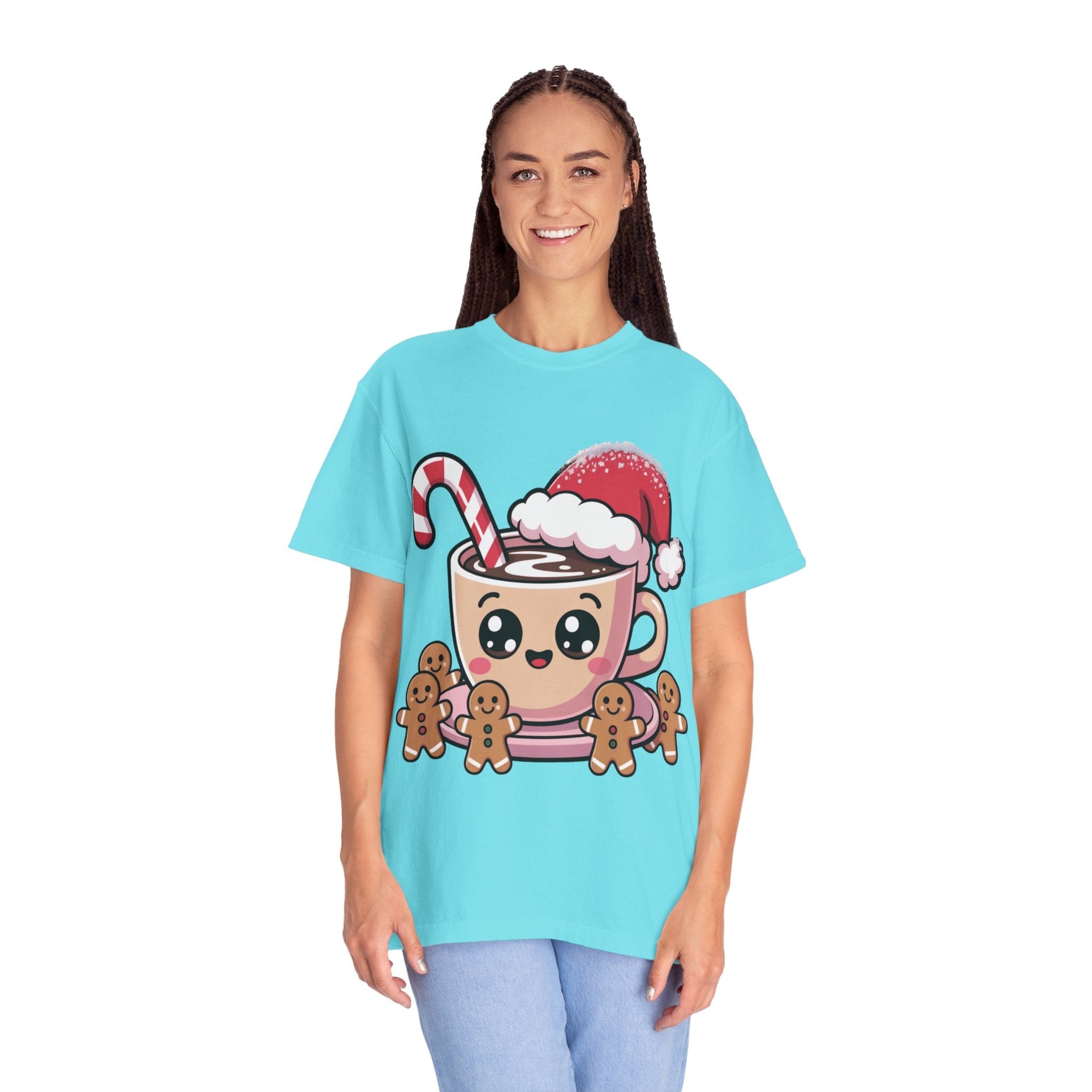 Festive Cocoa Companions: Kawaii Holiday Cheer, Cute Cartoon Christmas IllustrationT-Shirt – Custom T-Shirt by PixelCraft360, unique decoration for events and special gifts