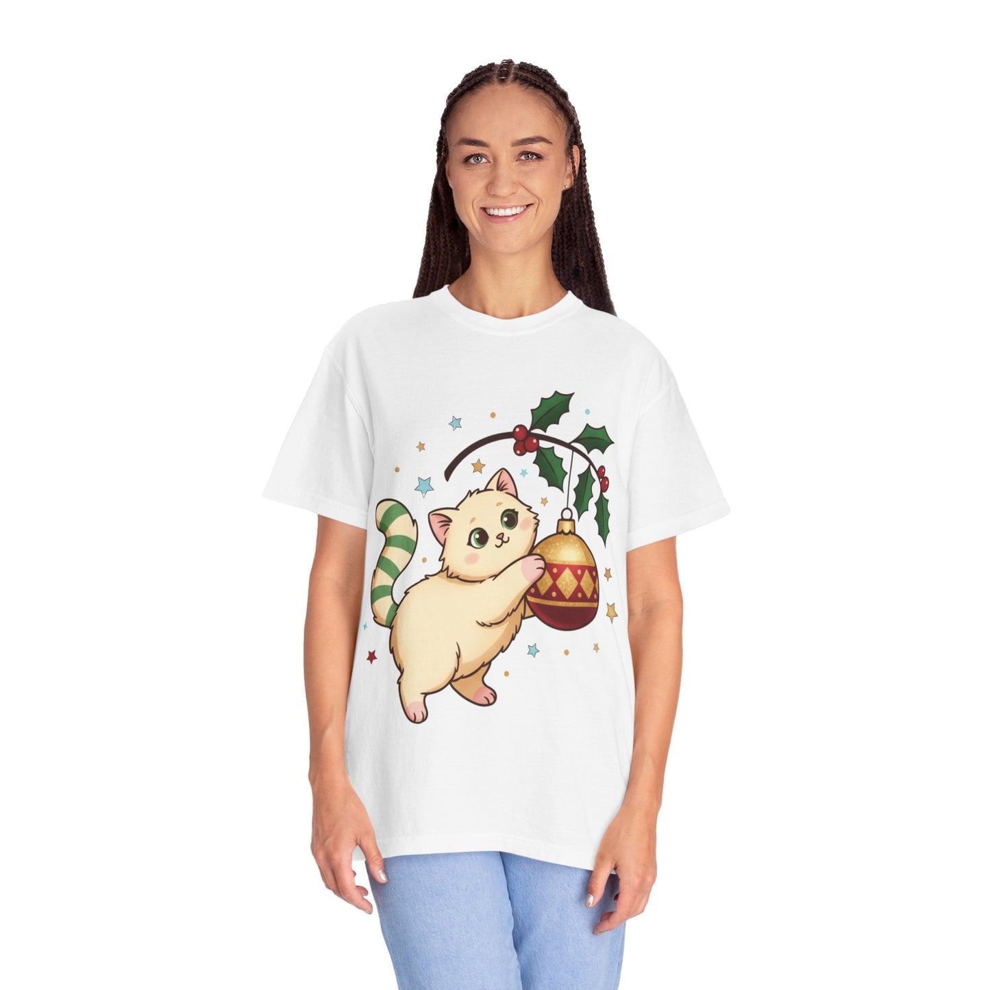 Festive Feline Fantasy: Christmas Kawaii Kitten, Digital Anime Holiday Illustration T-shirt – Custom T-Shirt by PixelCraft360, unique decoration for events and special gifts