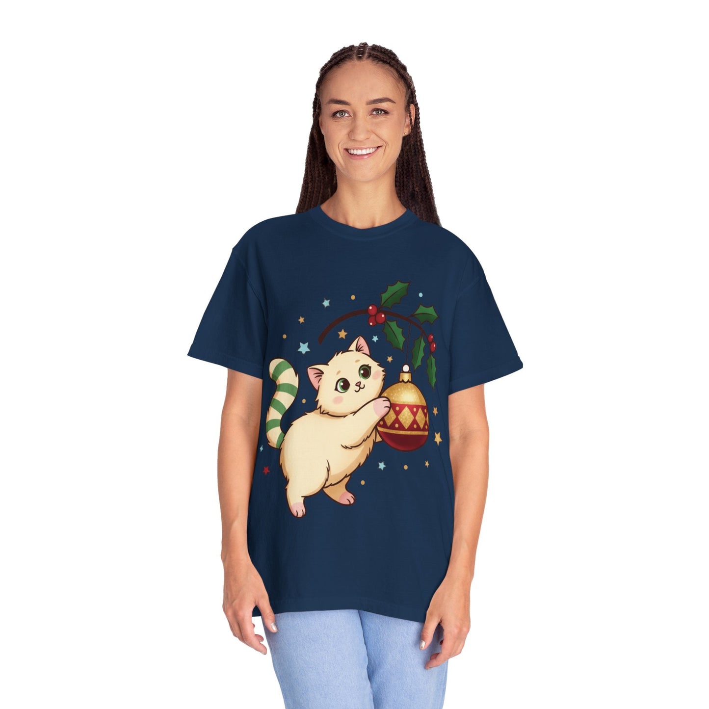 Festive Feline Fantasy: Christmas Kawaii Kitten, Digital Anime Holiday Illustration T-shirt – Custom T-Shirt by PixelCraft360, unique decoration for events and special gifts