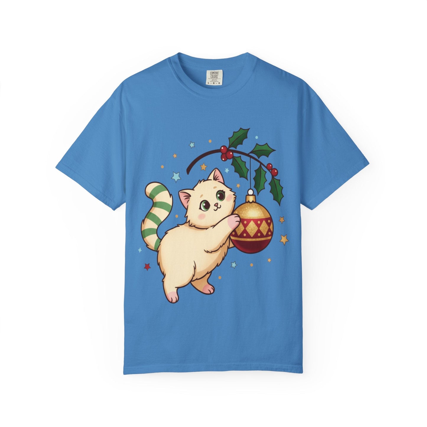 Festive Feline Fantasy: Christmas Kawaii Kitten, Digital Anime Holiday Illustration T-shirt – Custom T-Shirt by PixelCraft360, unique decoration for events and special gifts