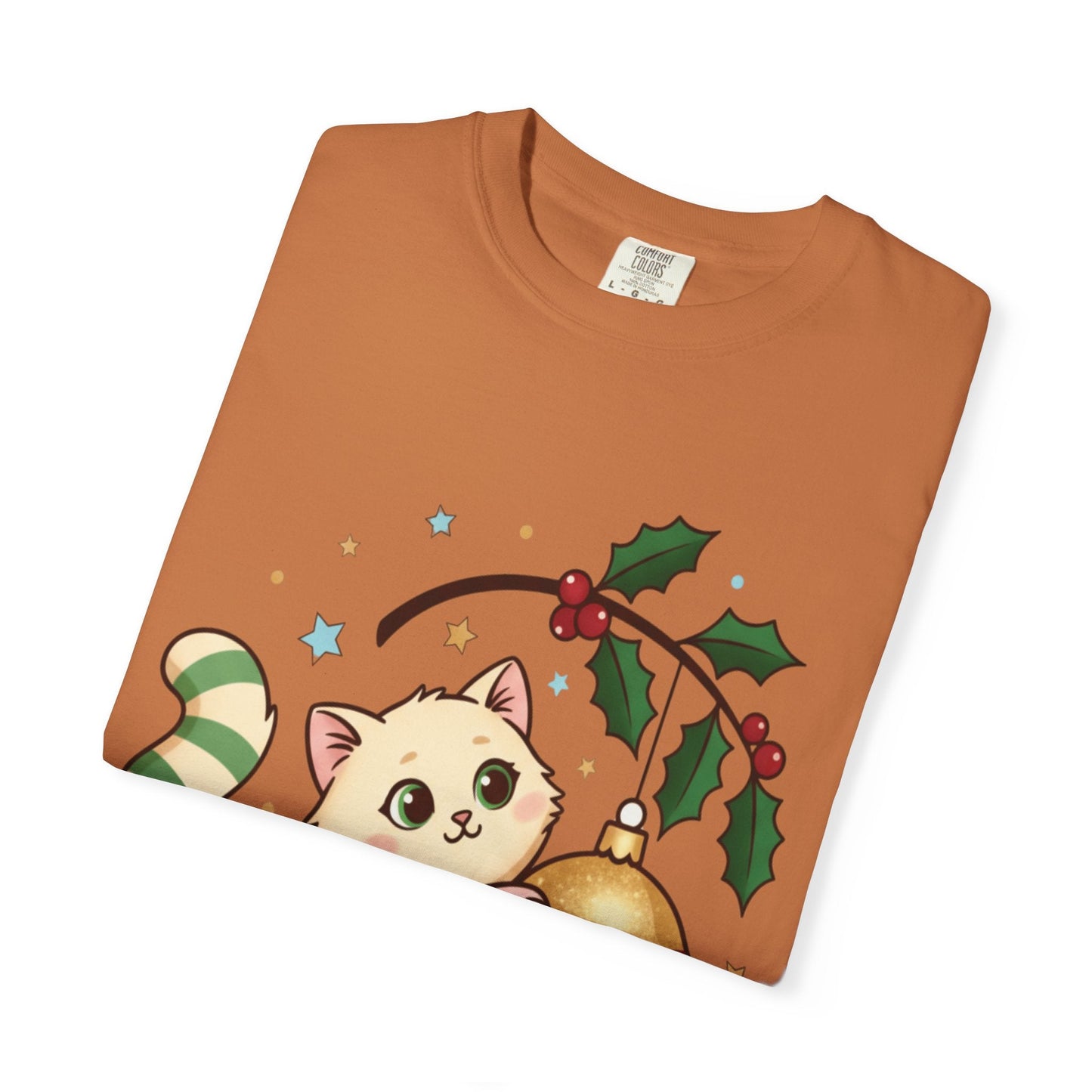 Festive Feline Fantasy: Christmas Kawaii Kitten, Digital Anime Holiday Illustration T-shirt – Custom T-Shirt by PixelCraft360, unique decoration for events and special gifts
