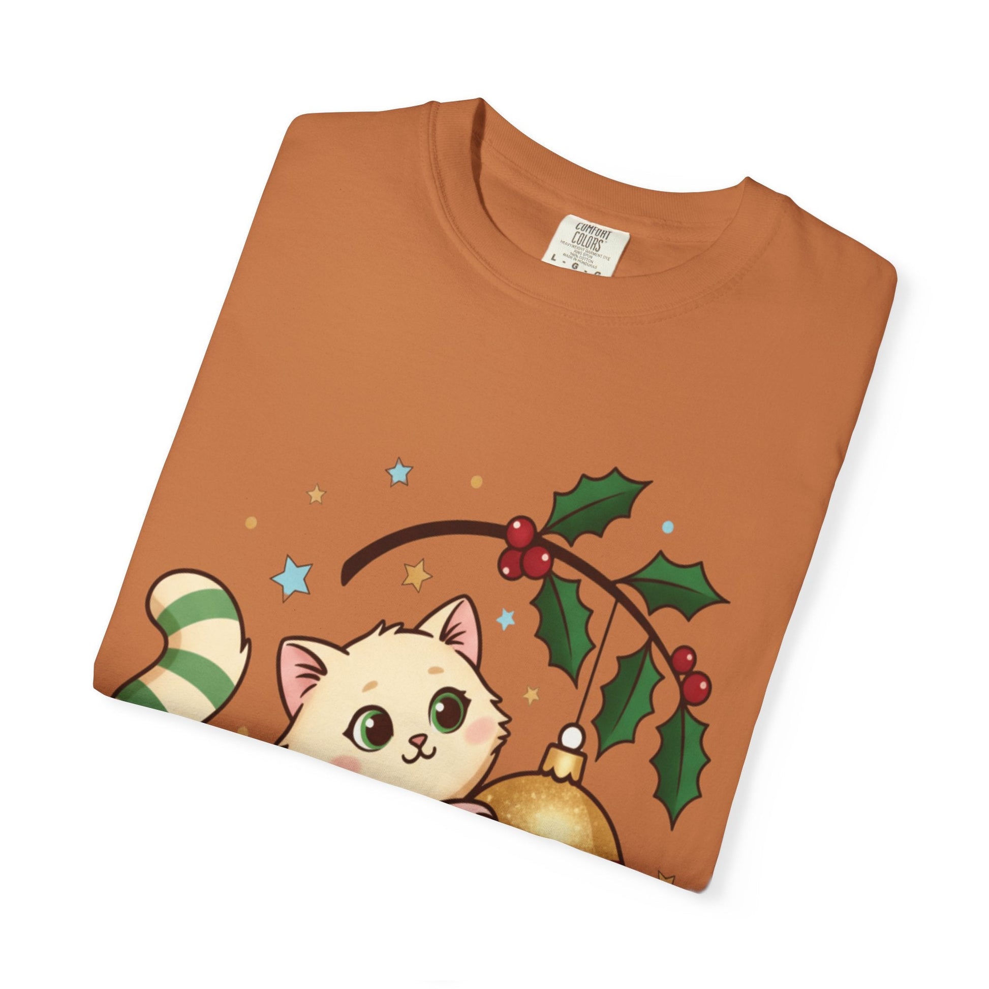 Festive Feline Fantasy: Christmas Kawaii Kitten, Digital Anime Holiday Illustration T-shirt – Custom T-Shirt by PixelCraft360, unique decoration for events and special gifts