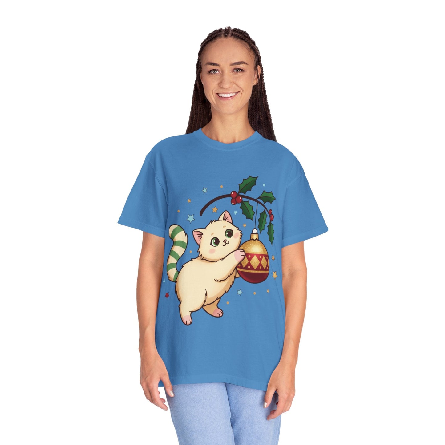 Festive Feline Fantasy: Christmas Kawaii Kitten, Digital Anime Holiday Illustration T-shirt – Custom T-Shirt by PixelCraft360, unique decoration for events and special gifts