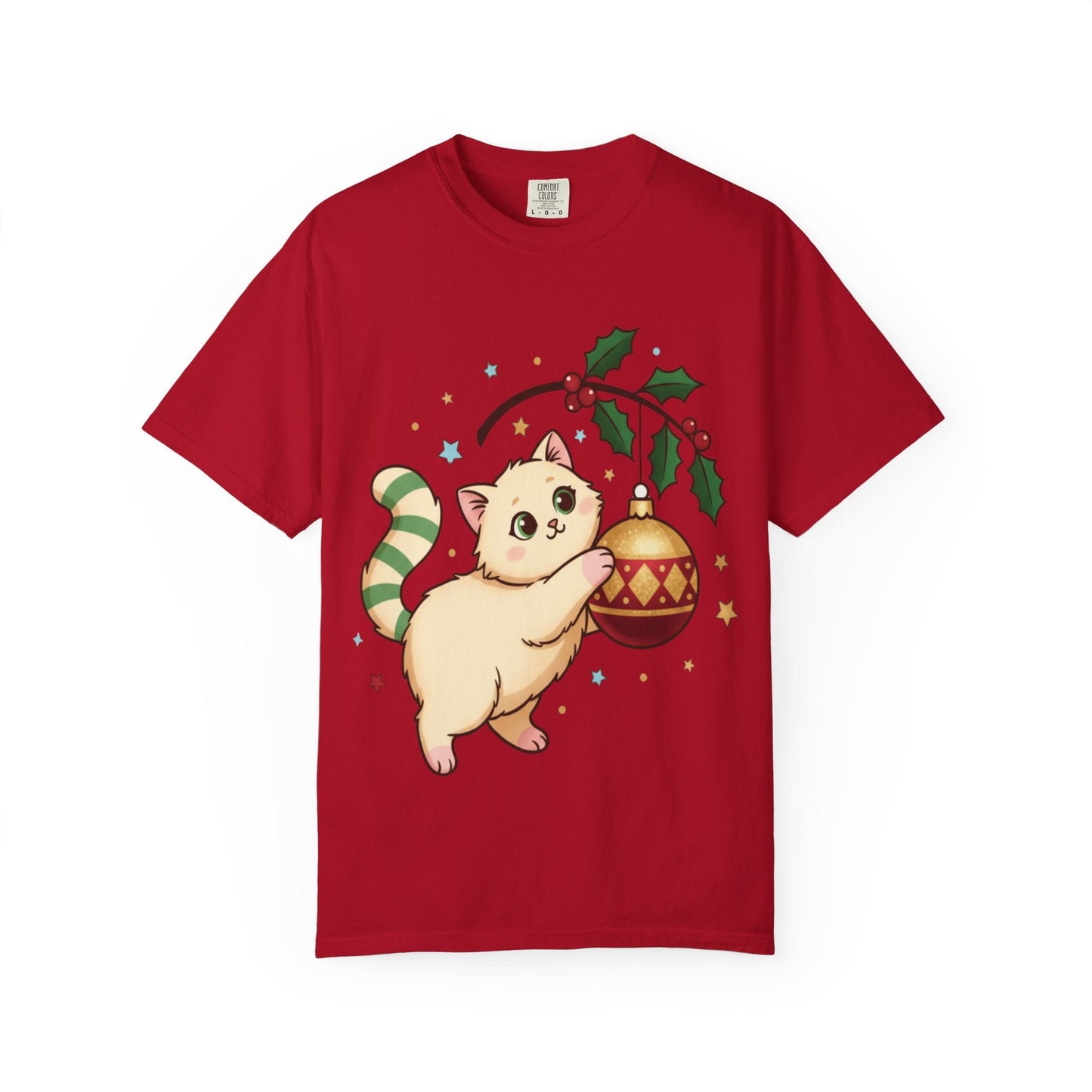 Festive Feline Fantasy: Christmas Kawaii Kitten, Digital Anime Holiday Illustration T-shirt – Custom T-Shirt by PixelCraft360, unique decoration for events and special gifts