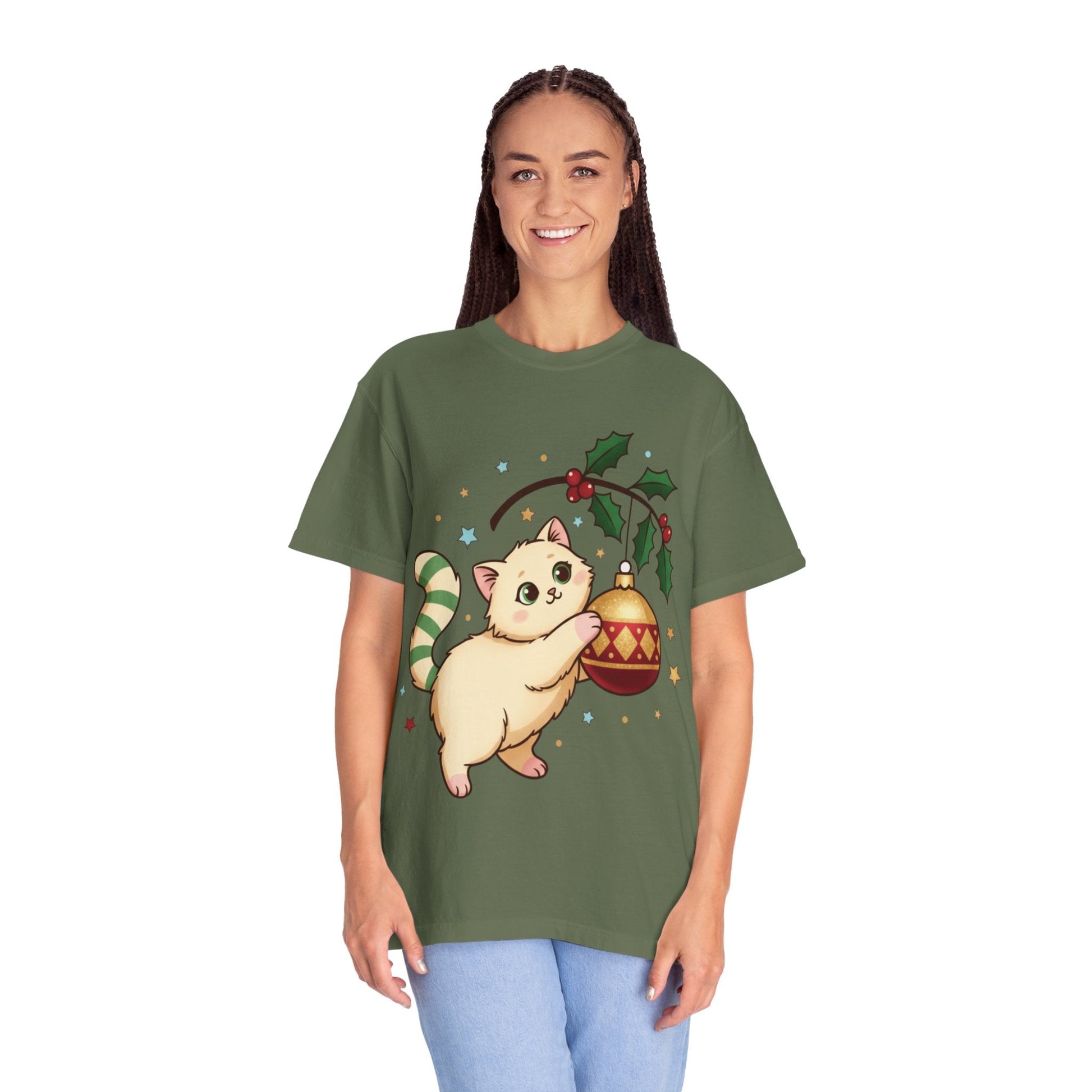 Festive Feline Fantasy: Christmas Kawaii Kitten, Digital Anime Holiday Illustration T-shirt – Custom T-Shirt by PixelCraft360, unique decoration for events and special gifts