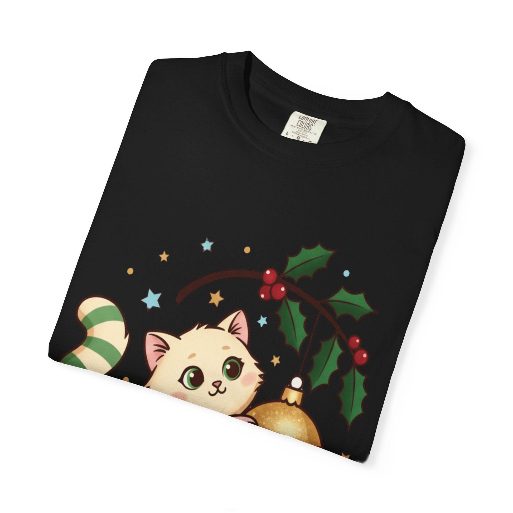 Festive Feline Fantasy: Christmas Kawaii Kitten, Digital Anime Holiday Illustration T-shirt – Custom T-Shirt by PixelCraft360, unique decoration for events and special gifts