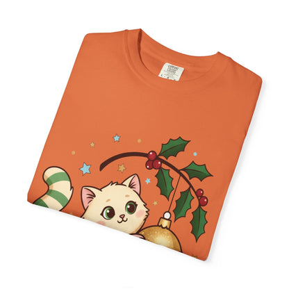 Festive Feline Fantasy: Christmas Kawaii Kitten, Digital Anime Holiday Illustration T-shirt – Custom T-Shirt by PixelCraft360, unique decoration for events and special gifts