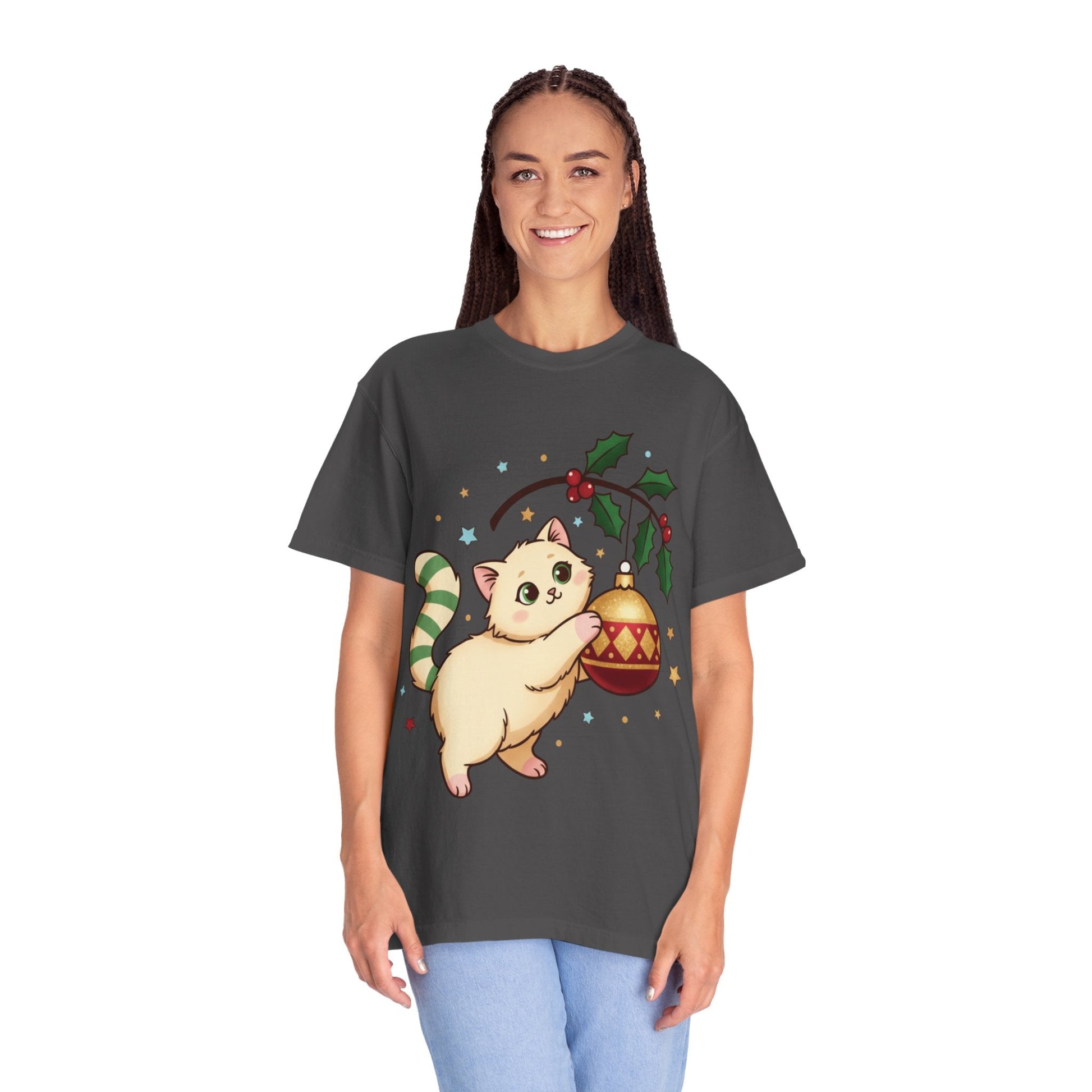 Festive Feline Fantasy: Christmas Kawaii Kitten, Digital Anime Holiday Illustration T-shirt – Custom T-Shirt by PixelCraft360, unique decoration for events and special gifts