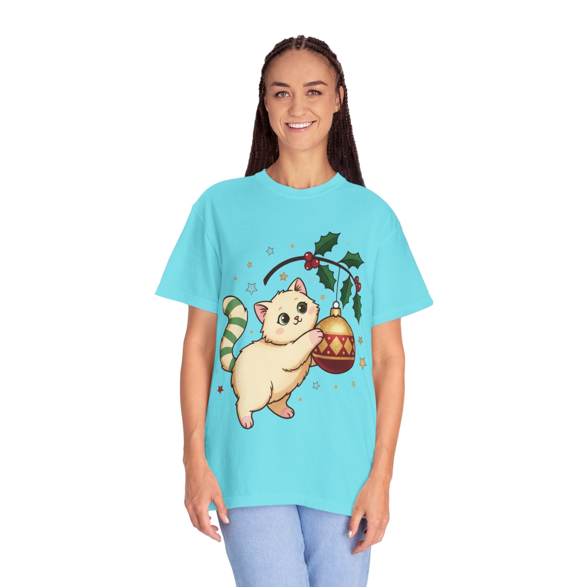 Festive Feline Fantasy: Christmas Kawaii Kitten, Digital Anime Holiday Illustration T-shirt – Custom T-Shirt by PixelCraft360, unique decoration for events and special gifts