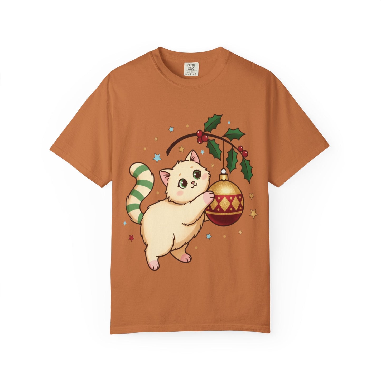 Festive Feline Fantasy: Christmas Kawaii Kitten, Digital Anime Holiday Illustration T-shirt – Custom T-Shirt by PixelCraft360, unique decoration for events and special gifts