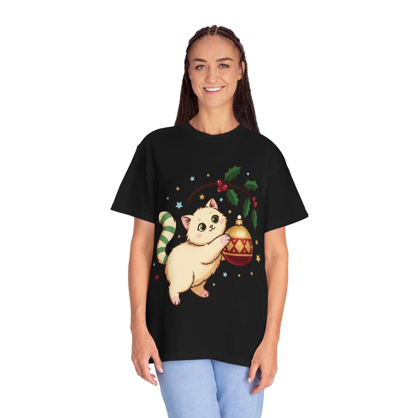 Festive Feline Fantasy: Christmas Kawaii Kitten, Digital Anime Holiday Illustration T-shirt – Custom T-Shirt by PixelCraft360, unique decoration for events and special gifts