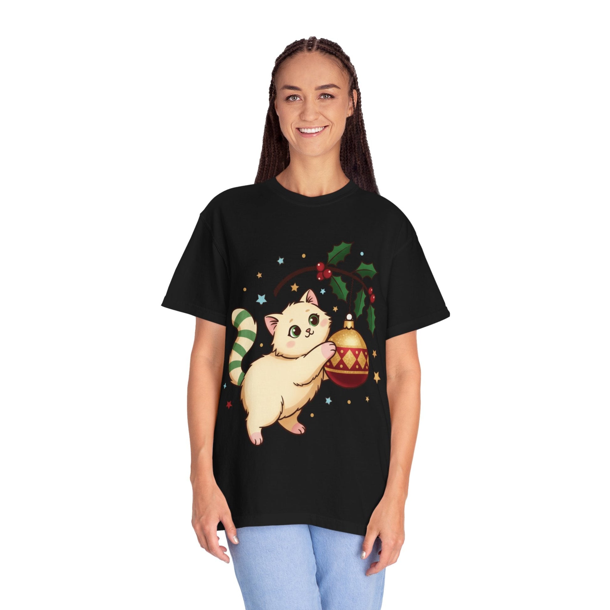 Festive Feline Fantasy: Christmas Kawaii Kitten, Digital Anime Holiday Illustration T-shirt – Custom T-Shirt by PixelCraft360, unique decoration for events and special gifts