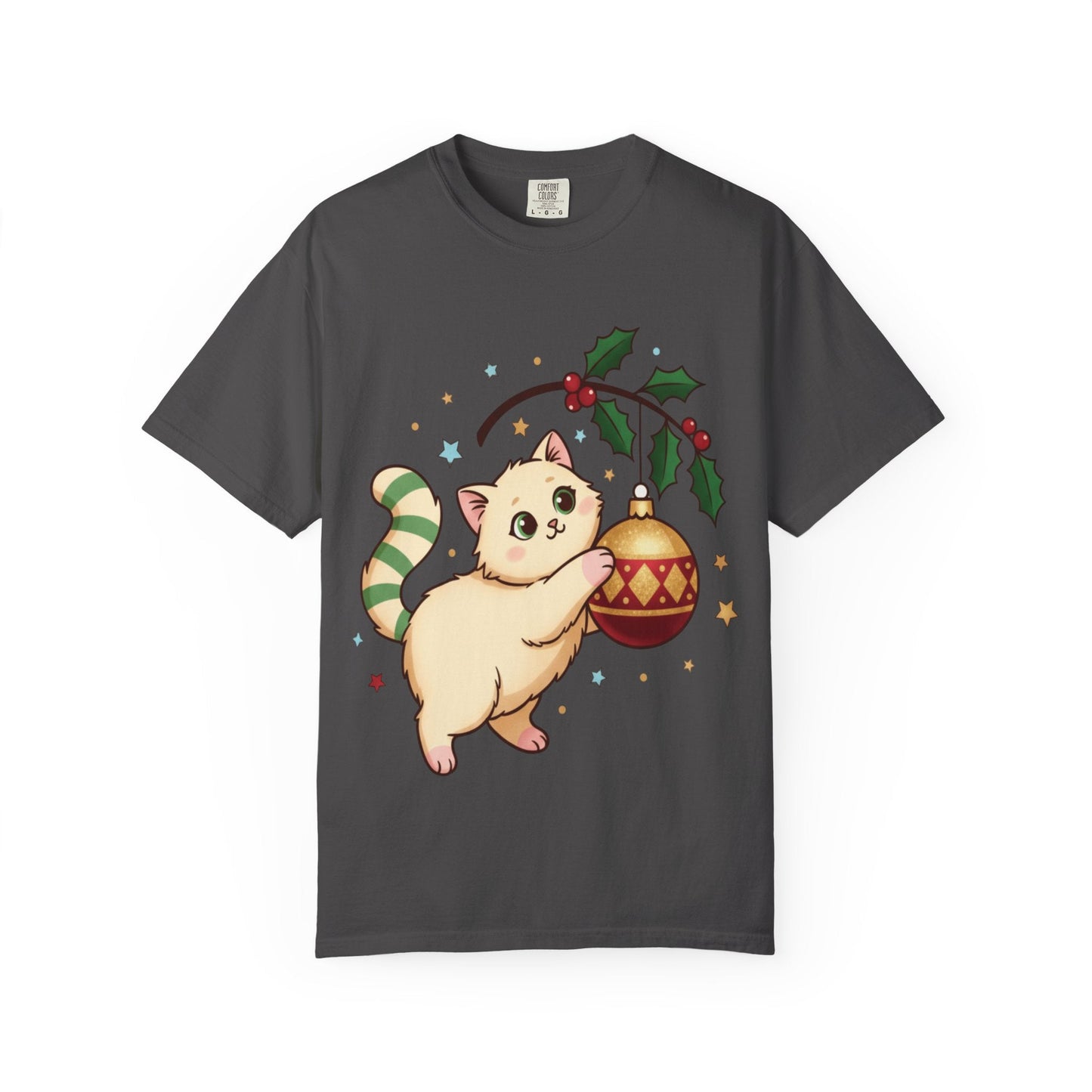 Festive Feline Fantasy: Christmas Kawaii Kitten, Digital Anime Holiday Illustration T-shirt – Custom T-Shirt by PixelCraft360, unique decoration for events and special gifts