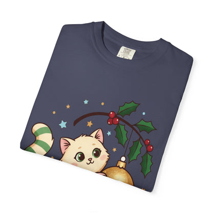 Festive Feline Fantasy: Christmas Kawaii Kitten, Digital Anime Holiday Illustration T-shirt – Custom T-Shirt by PixelCraft360, unique decoration for events and special gifts