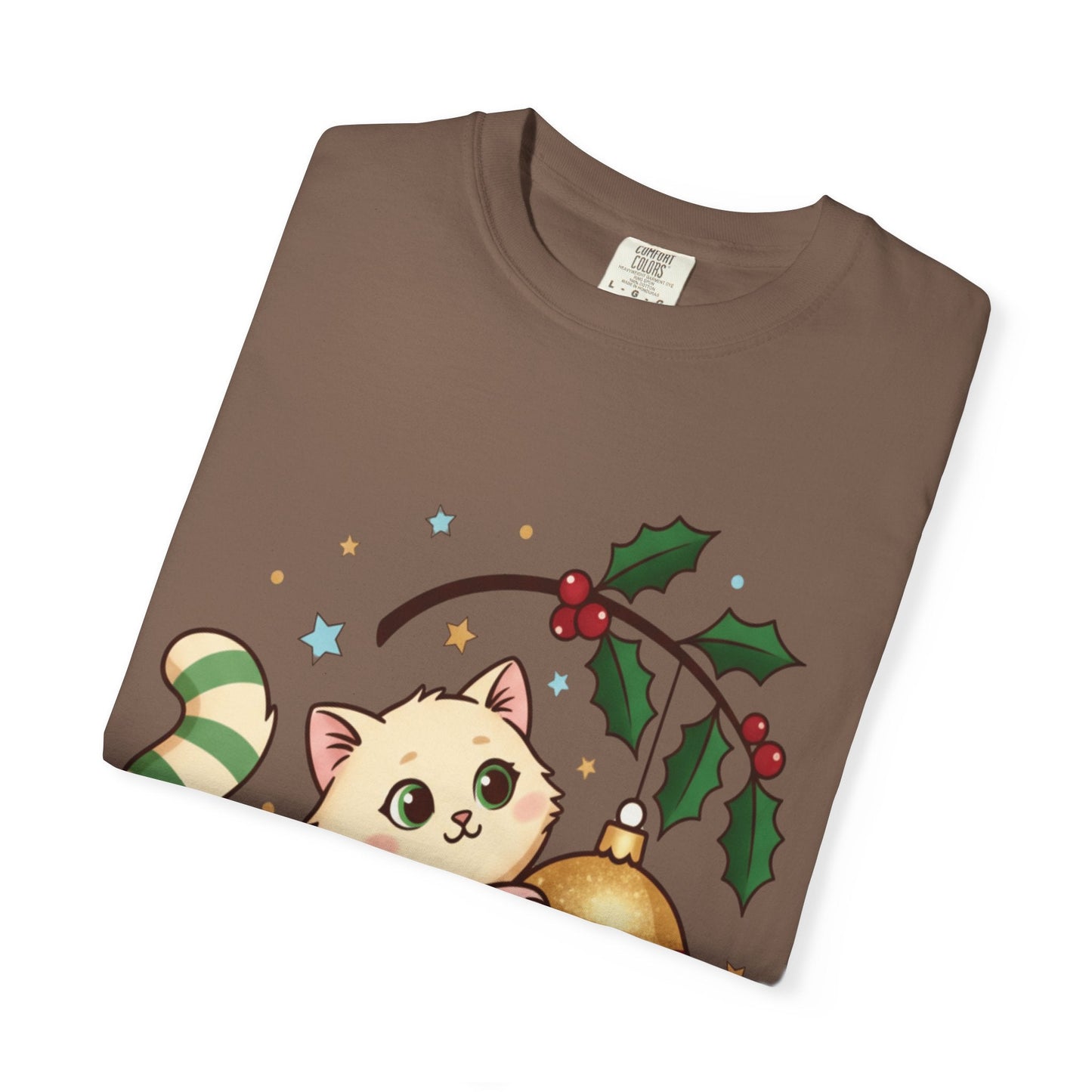 Festive Feline Fantasy: Christmas Kawaii Kitten, Digital Anime Holiday Illustration T-shirt – Custom T-Shirt by PixelCraft360, unique decoration for events and special gifts