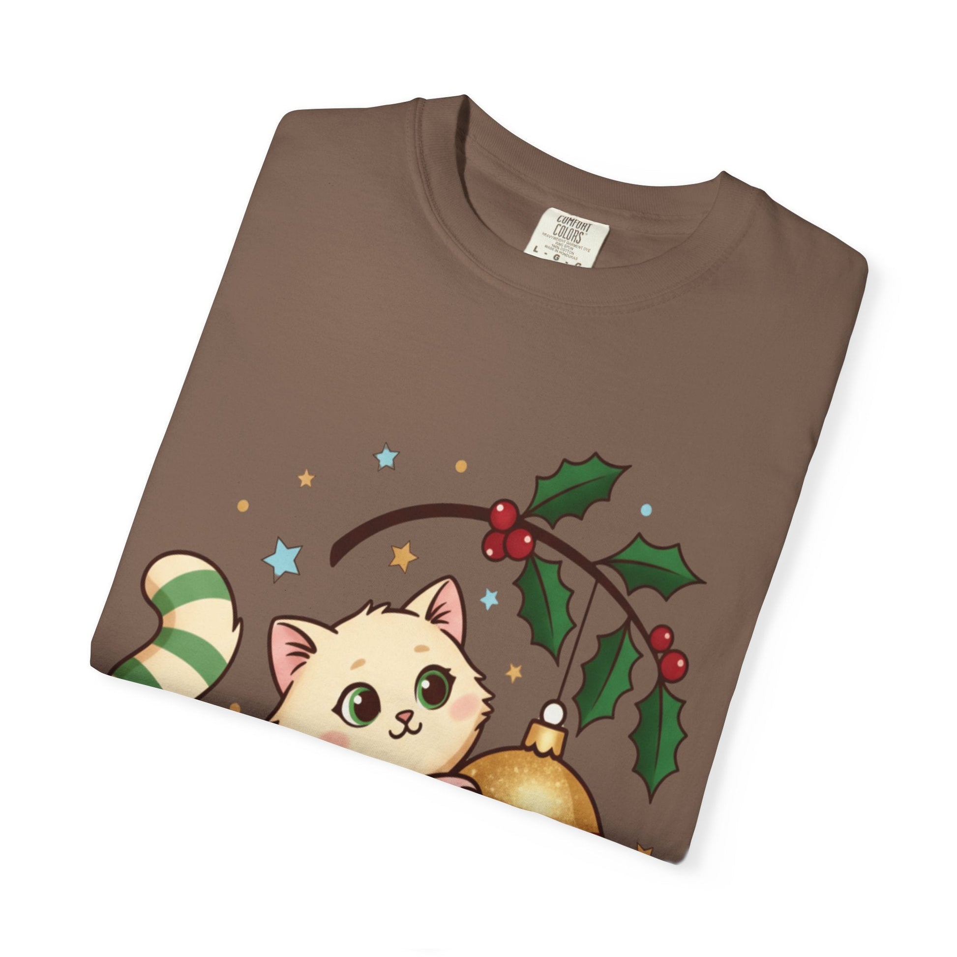 Festive Feline Fantasy: Christmas Kawaii Kitten, Digital Anime Holiday Illustration T-shirt – Custom T-Shirt by PixelCraft360, unique decoration for events and special gifts