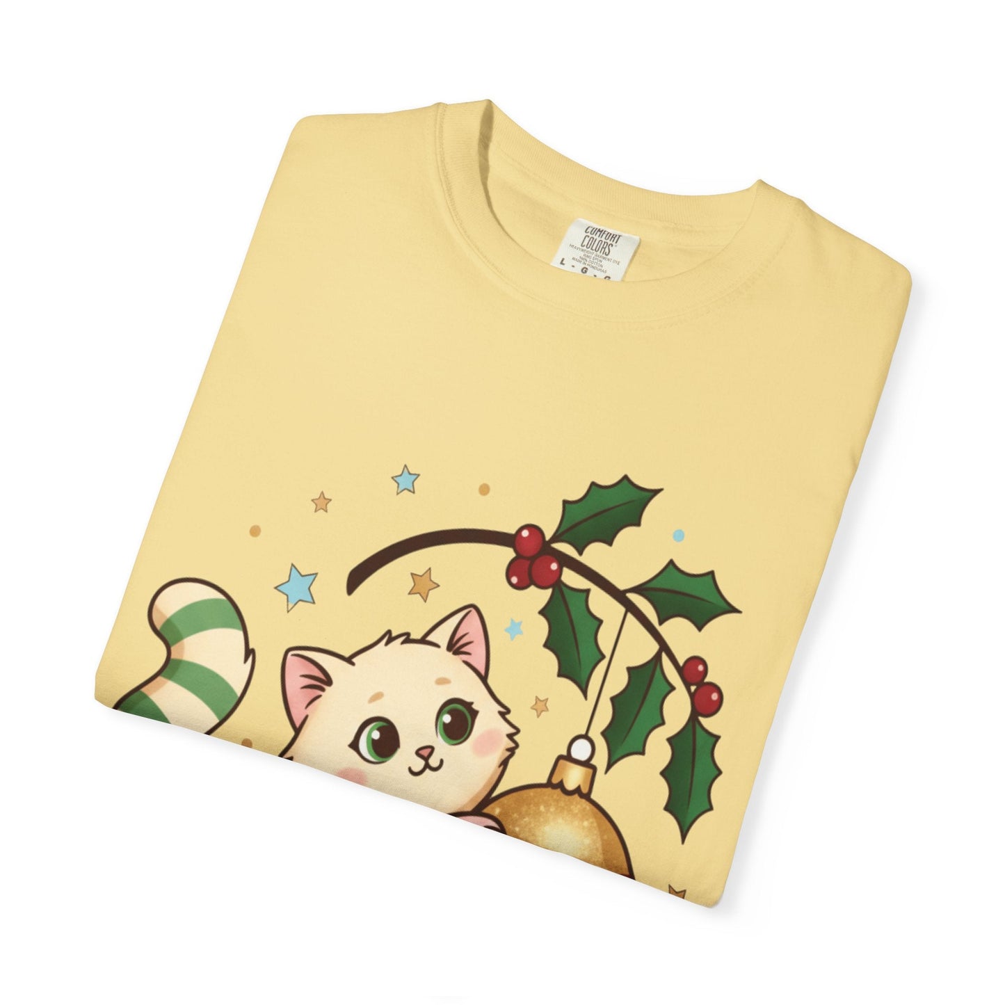 Festive Feline Fantasy: Christmas Kawaii Kitten, Digital Anime Holiday Illustration T-shirt – Custom T-Shirt by PixelCraft360, unique decoration for events and special gifts